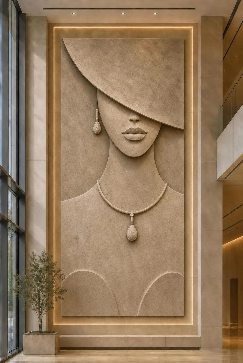 Fashion female bust wall sculpture inside the lobby of a fashion house