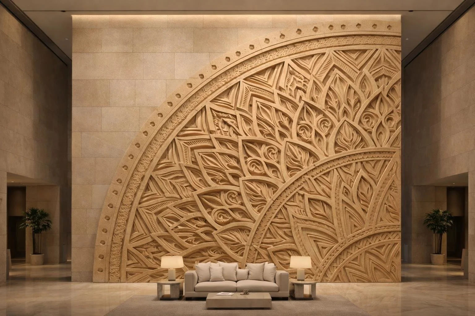 Giant fragment of a circular mandala sculpture for luxury hotel lobbies and prestigious architectural spaces. Solaro Art Collection