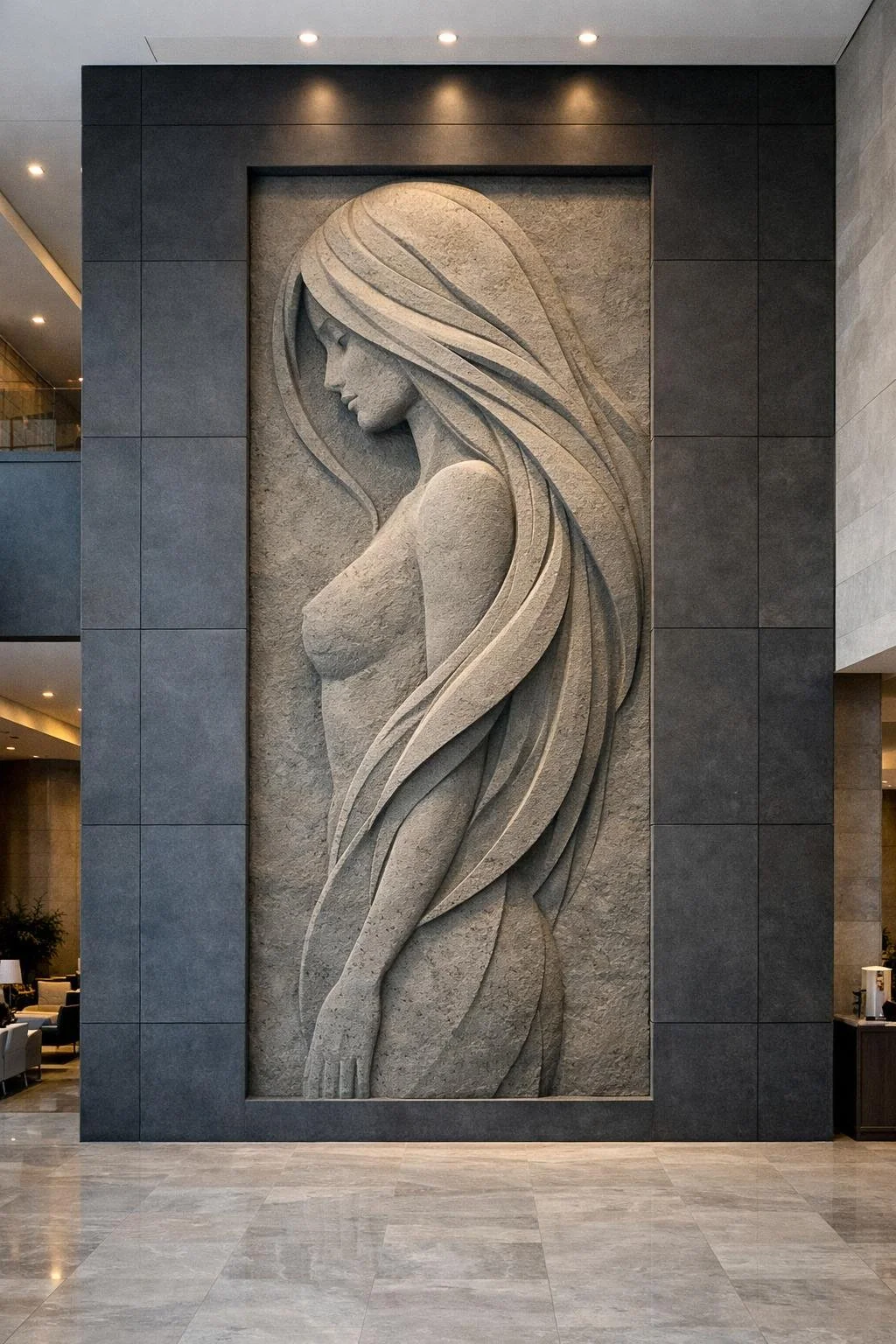 Abstract female silhouette wall relief in grey sandstone. Unique Artwork made to order. Solaro Art Collection