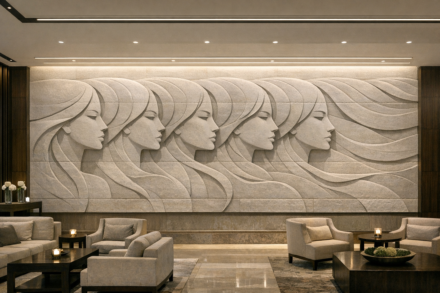 Architectural horizontal wall sculpture, stone carved, modern and contemporary by Solaro Art Collection. Ideal for luxury architectural integration.