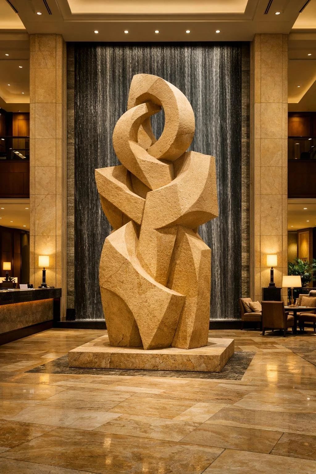 Monolithic sculpture, approx. 6 meters high, carved from a single block of yellow sandstone. An abstract totem-like form built from intersecting volumes and flowing curves, expressing balance, strength, and vertical energy. By Solaro Art Collection.