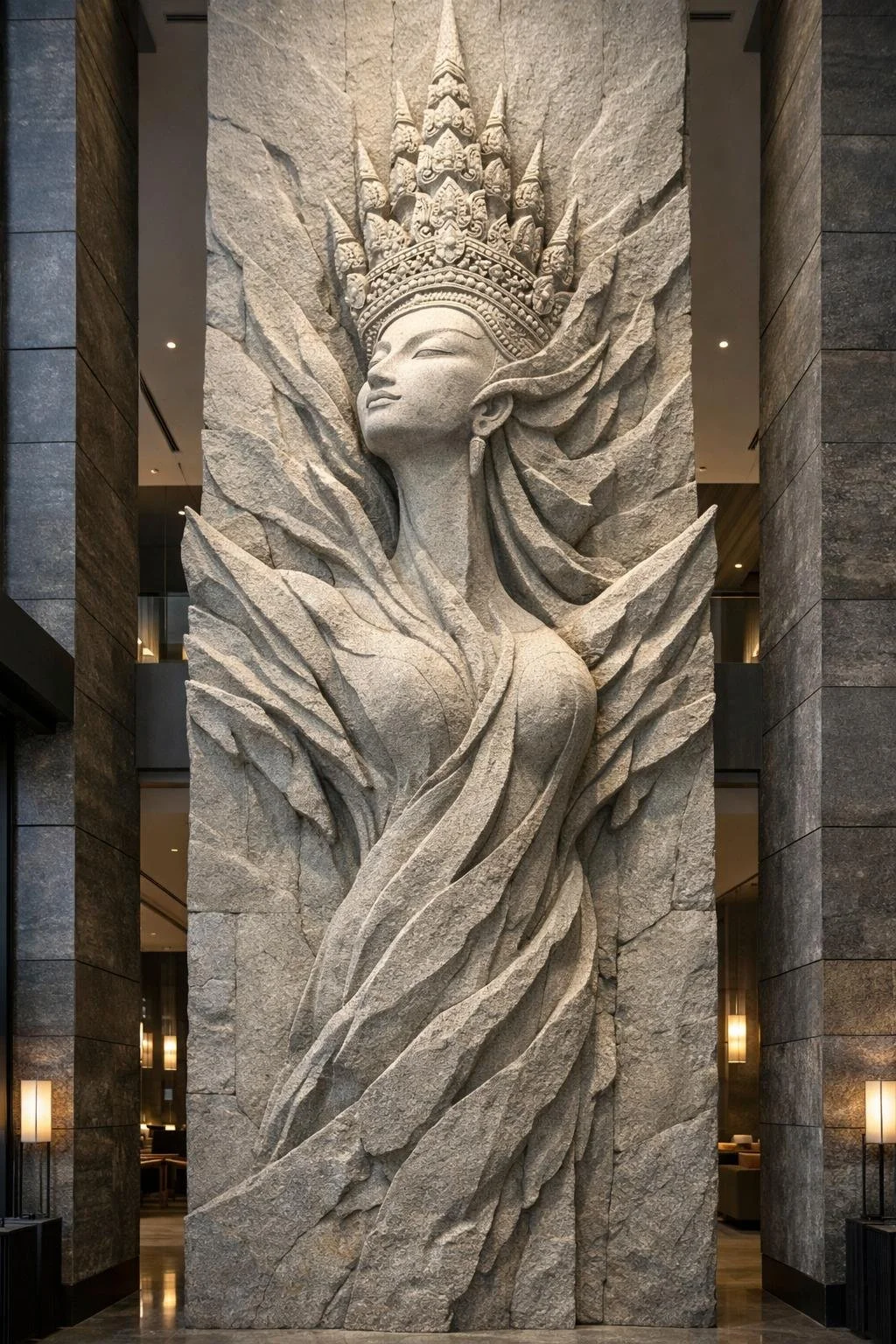 Custom architectural vertical wall sculpture, Cambodian inspired, deep relief grey sandstone. Ideal for luxury lobby or other architectural integrations. by Solaro Art Collection.