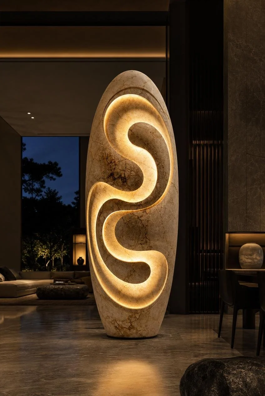 Large lamp[ sculpture in marble with organic fluid forms