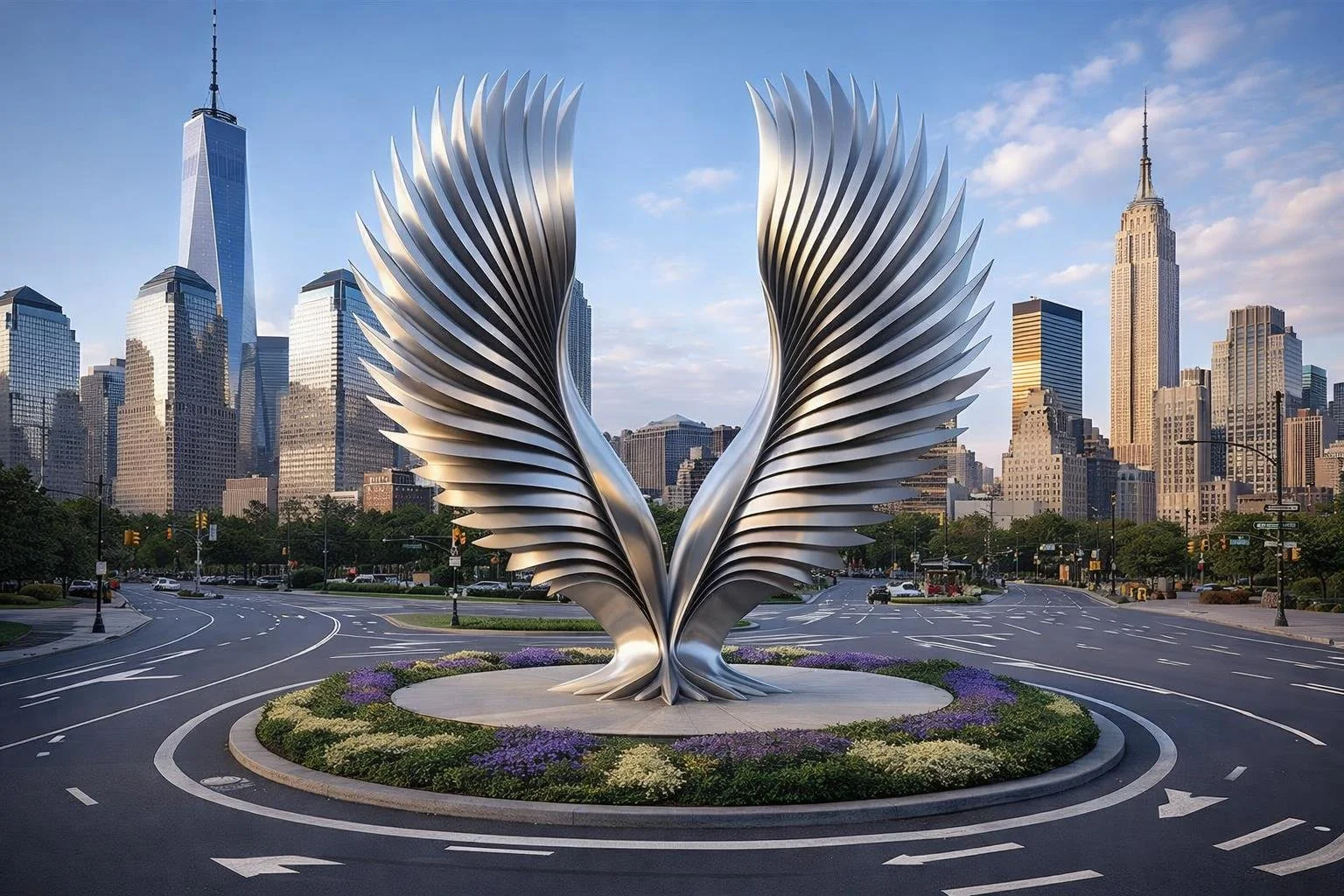 Large-scale wing sculpture in brusehed steel, perfect for modern cities or luxury outdoor places. Solaro Art Collection