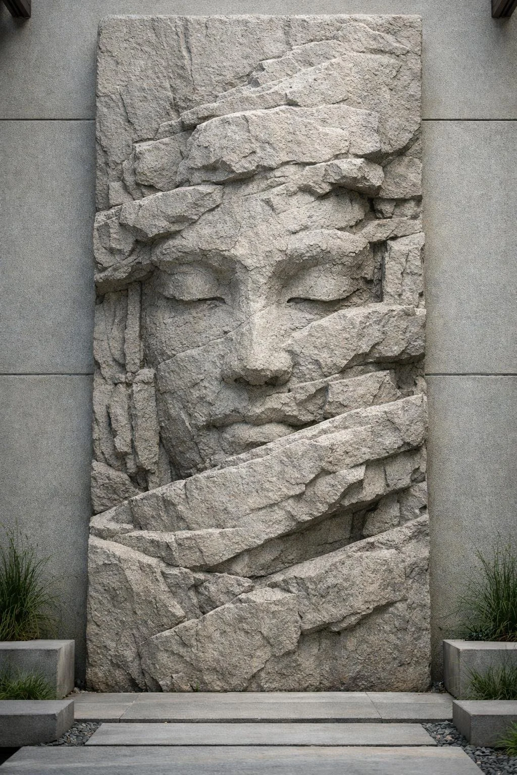 Monumental Stone wall mural depicting a carved face of a woman with closed eyes, partially obscured by layered stone slabs