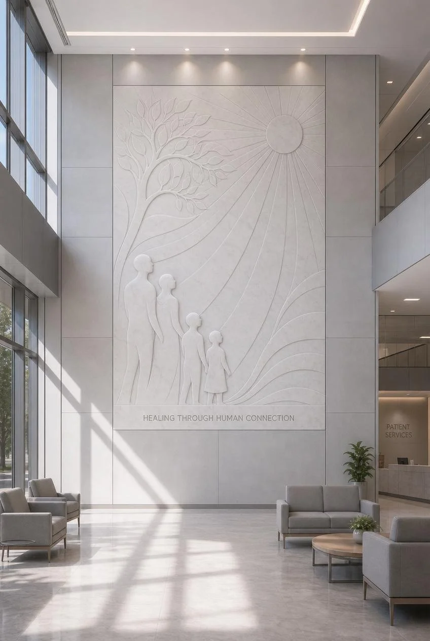 large vertical stone wall relief in a healthcare center lobby