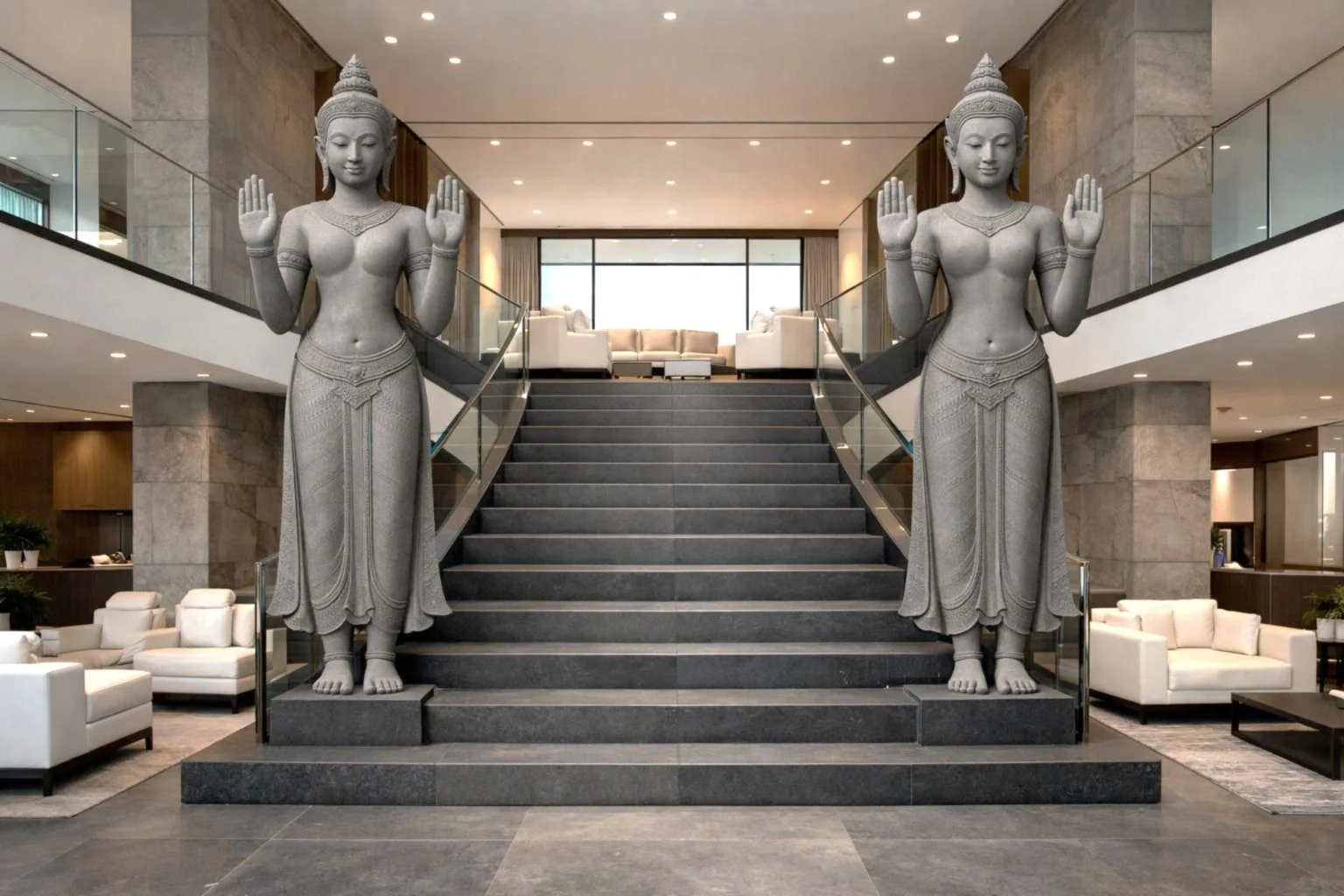 Two large gray statues of traditional Southeast Asian female figures with raised hands stand on either side of a staircase in a modern lobby with white seating areas and a large window in the background.