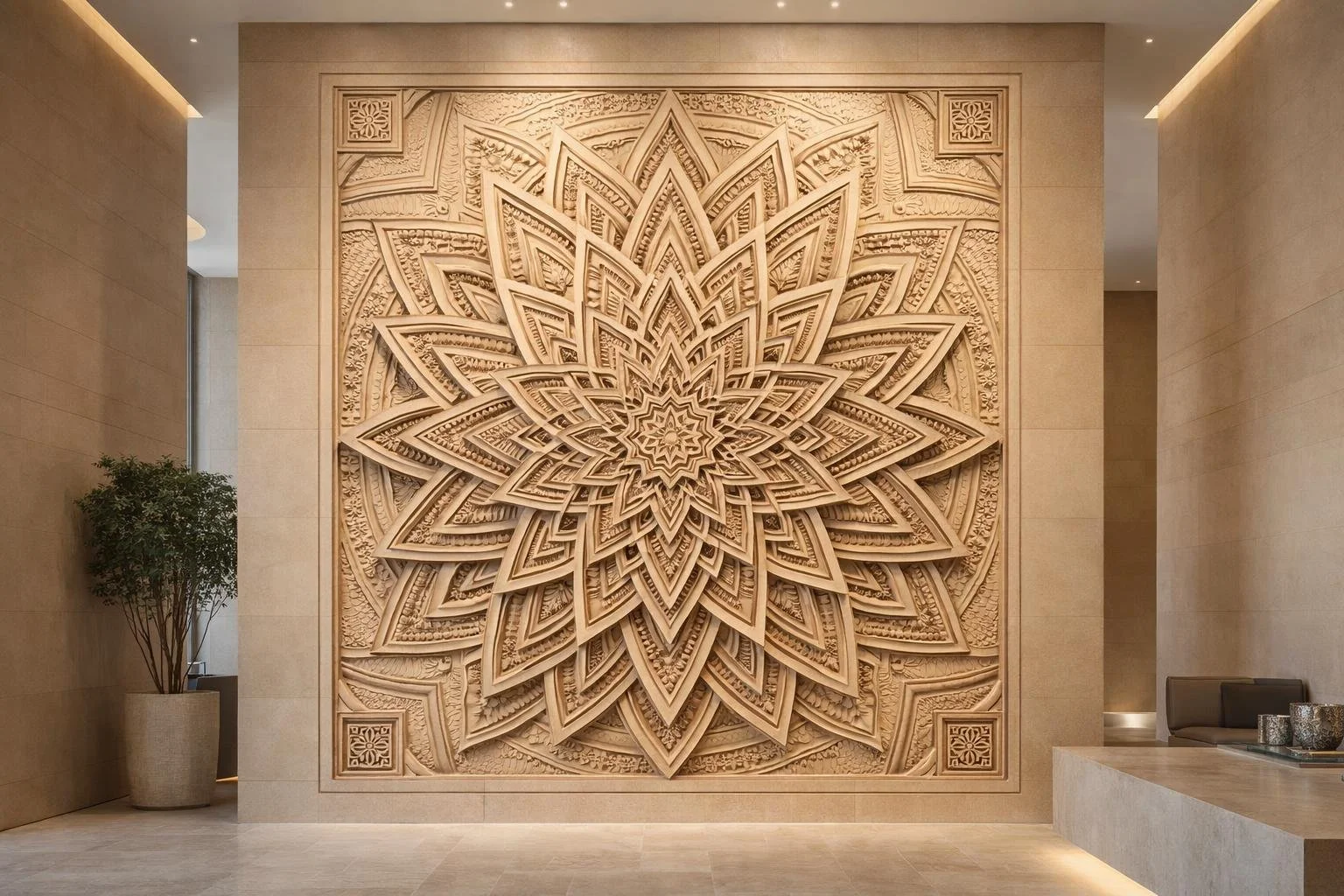 Bespoke large mandala sculpture, symetric wall relief for spas or other luxury spaces. Solaro Art Collection