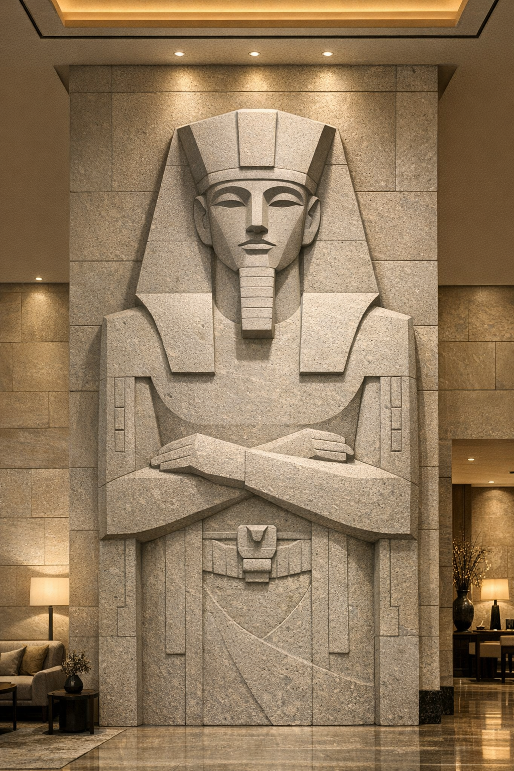 Granite sculpture of an ancient Egyptian pharaoh with crossed arms, located in a hotel lobby.
