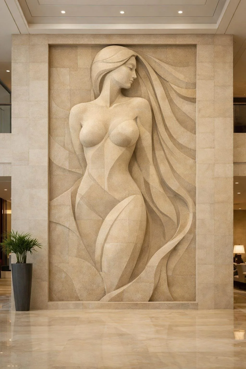 Monumental abstract female silhouette wall relief in natural sanstone, unique masterpiece. Solaro Art Collection