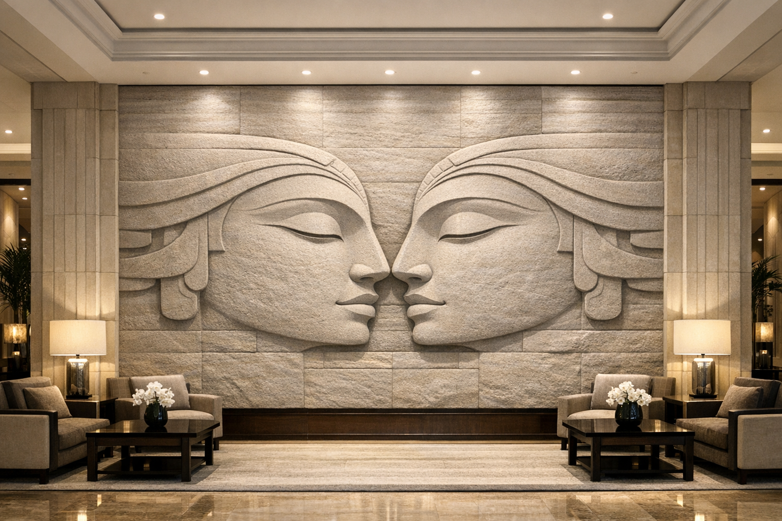 Gigantic horizontal wall sculpture for a lobby, featuring a feminine profile inspired by Egyptian aesthetics. Spanning seven meters wide and three meters high, this monumental relief creates a powerful, timeless architectural statement. Solaro Art