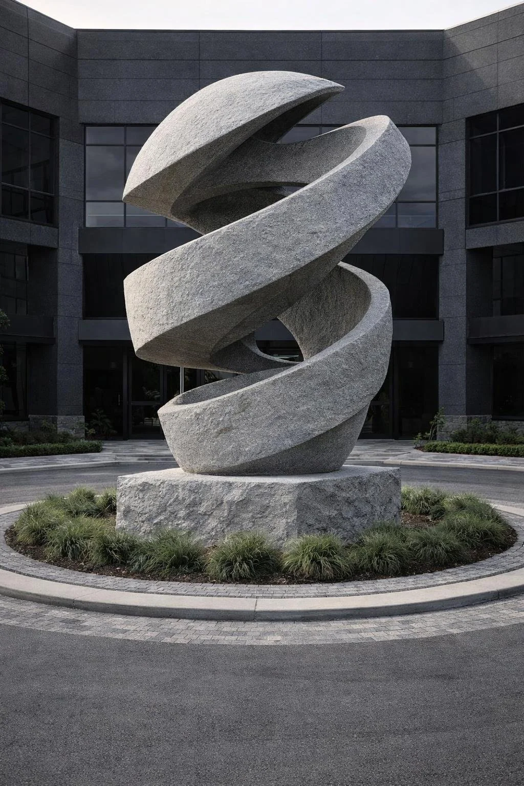 Large-format abstract vortex sculpture in natural stone. Solaro Art Collection