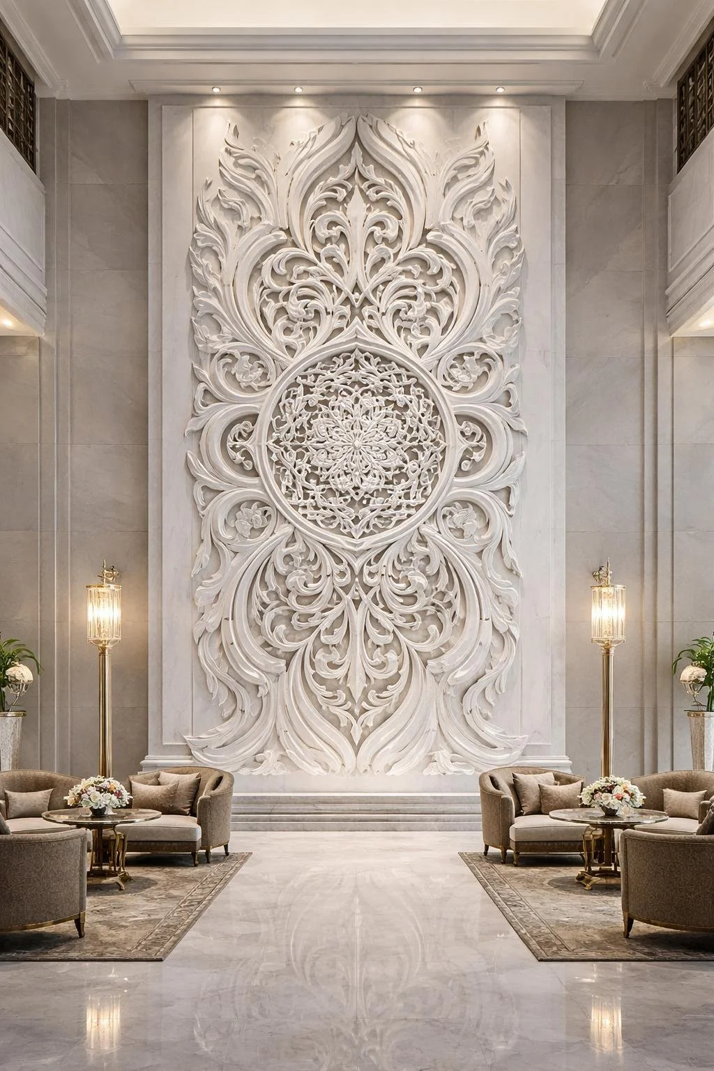 Vertical-white-marble-wall-relief-with-organic-forms-and-arabesque-patterns-unique-masterpiece-made-to-order-solaro-art-collection