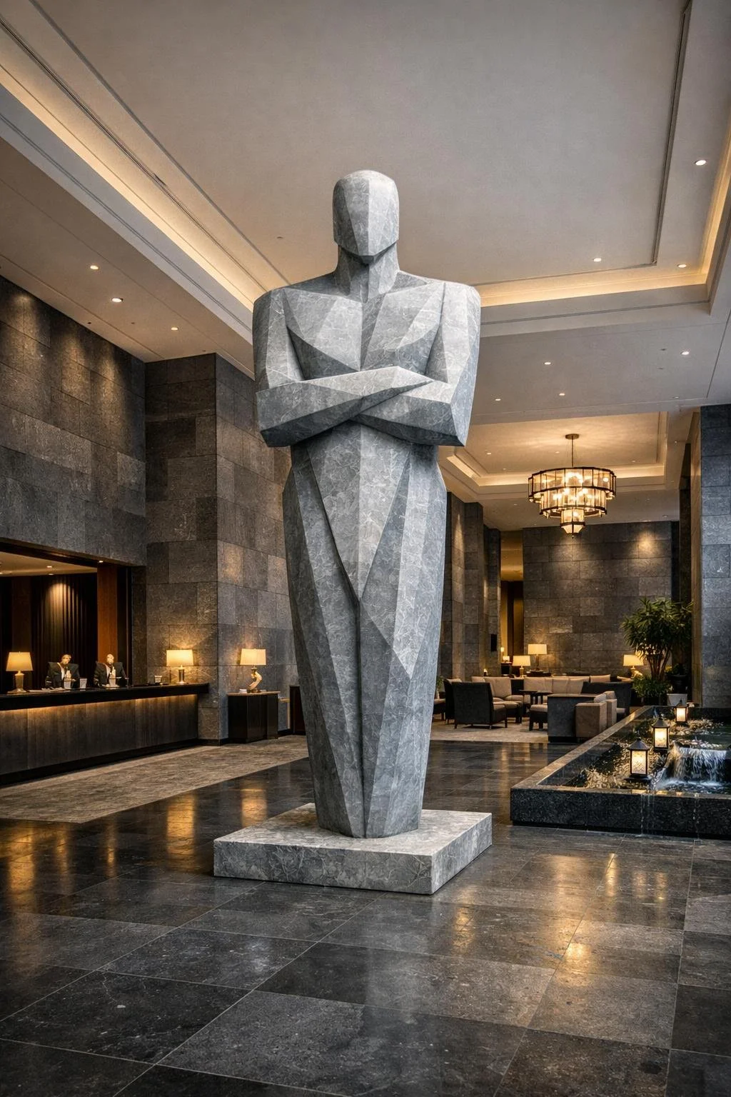 Monolithic statue, 6 meters high, carved from a single block. An abstract, futuristic guardian figure, reduced to pure geometry and vertical force, embodying strength, calm, and architectural presence. Solaro Art Collection.