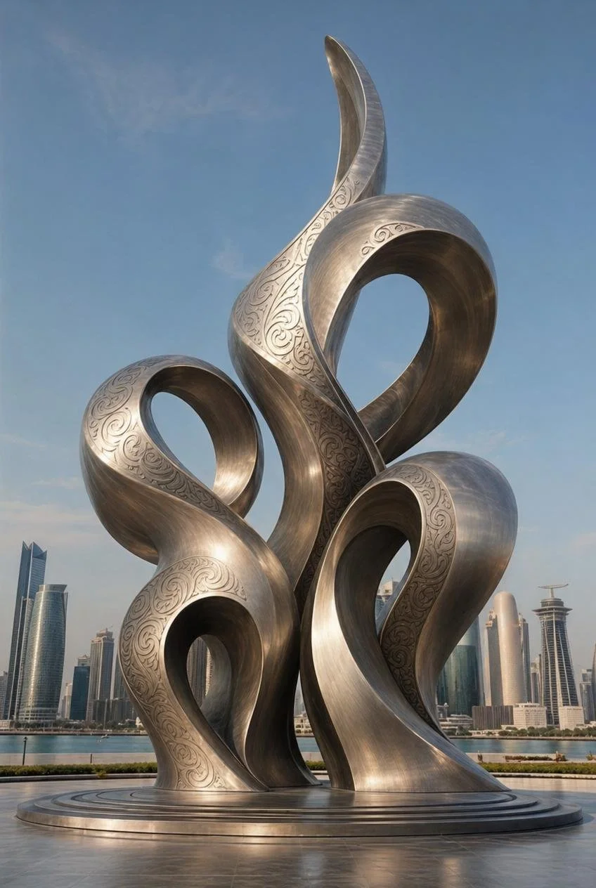 A large, abstract metallic sculpture in a urban space with swirling, curving shapes and intricate arabesque engraving.
