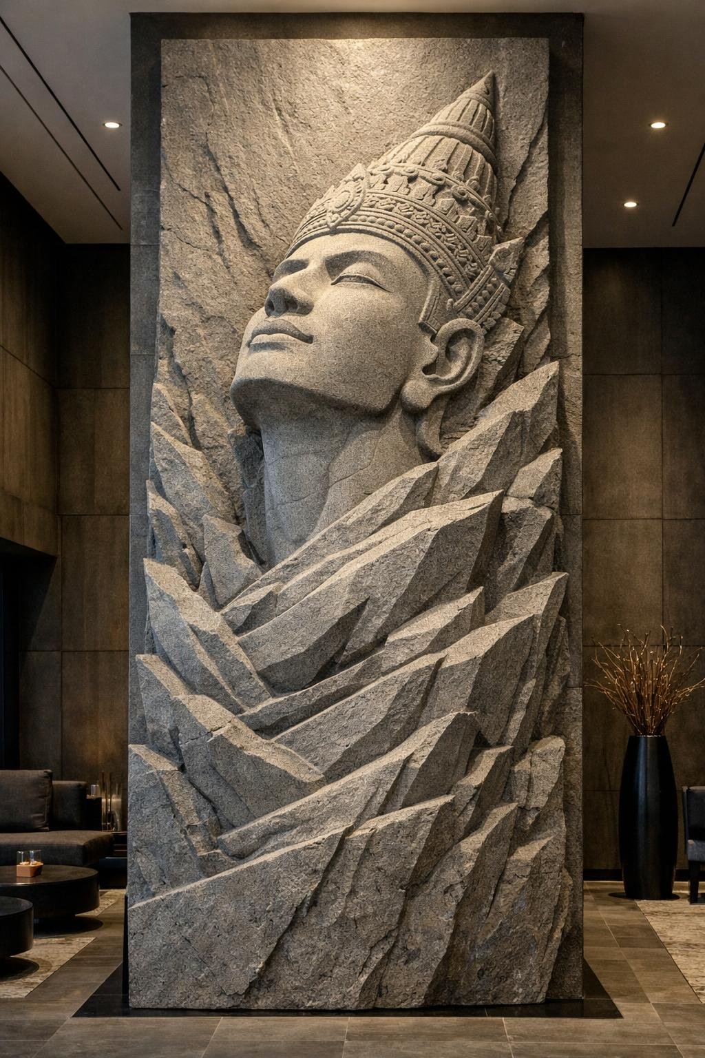Modern monumental sculpture of a Khmer head emerging from raw rock, 5 meters high, contemporary stone-effect desing by Solaro Art Collection