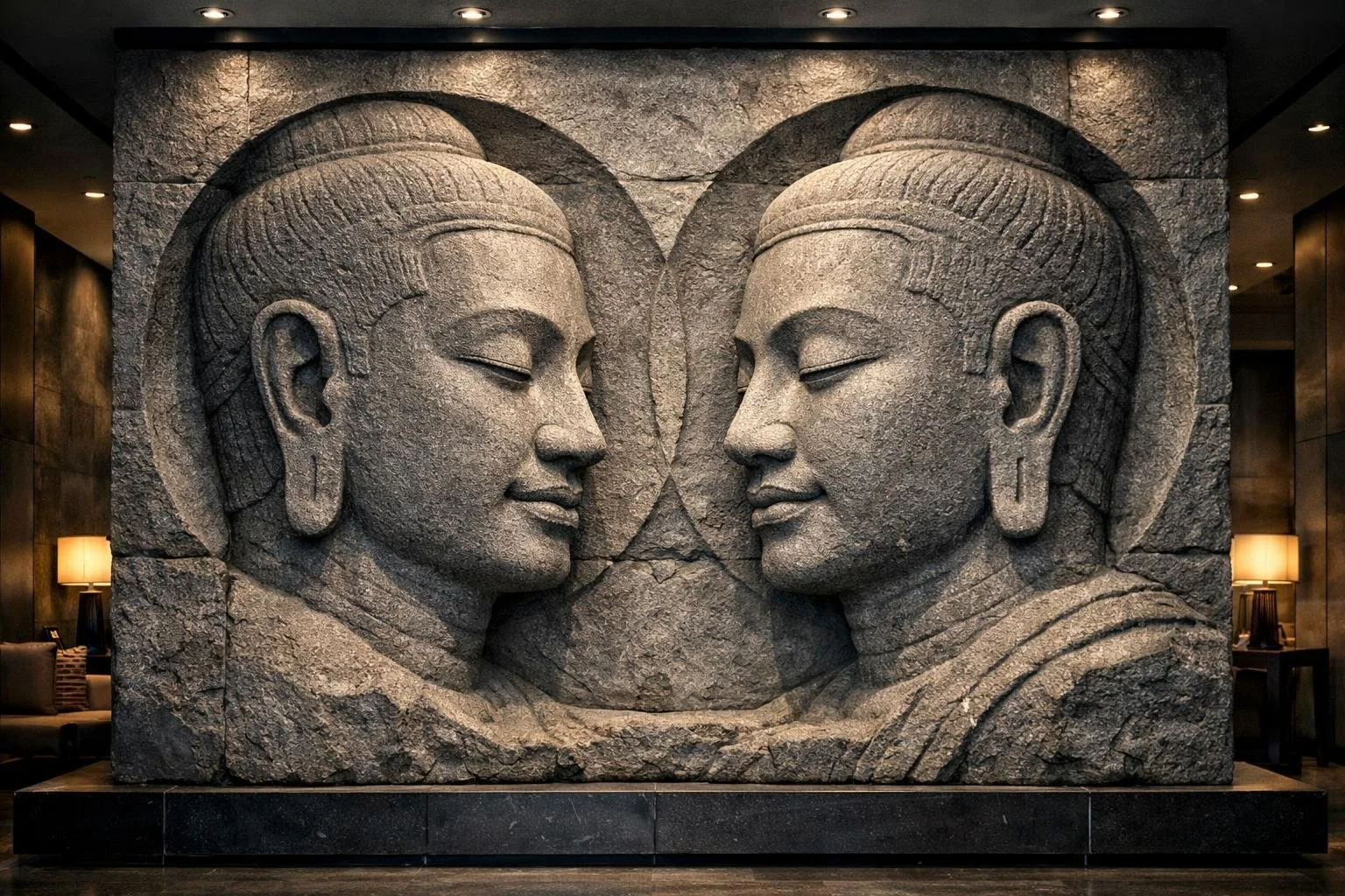 Custom large-scale horizontal wall sculpture, Cambodian inspired, sculpted in grey sandstone. Ideal for luxury interiors or architectural spaces. by Solaro Art Collection.
