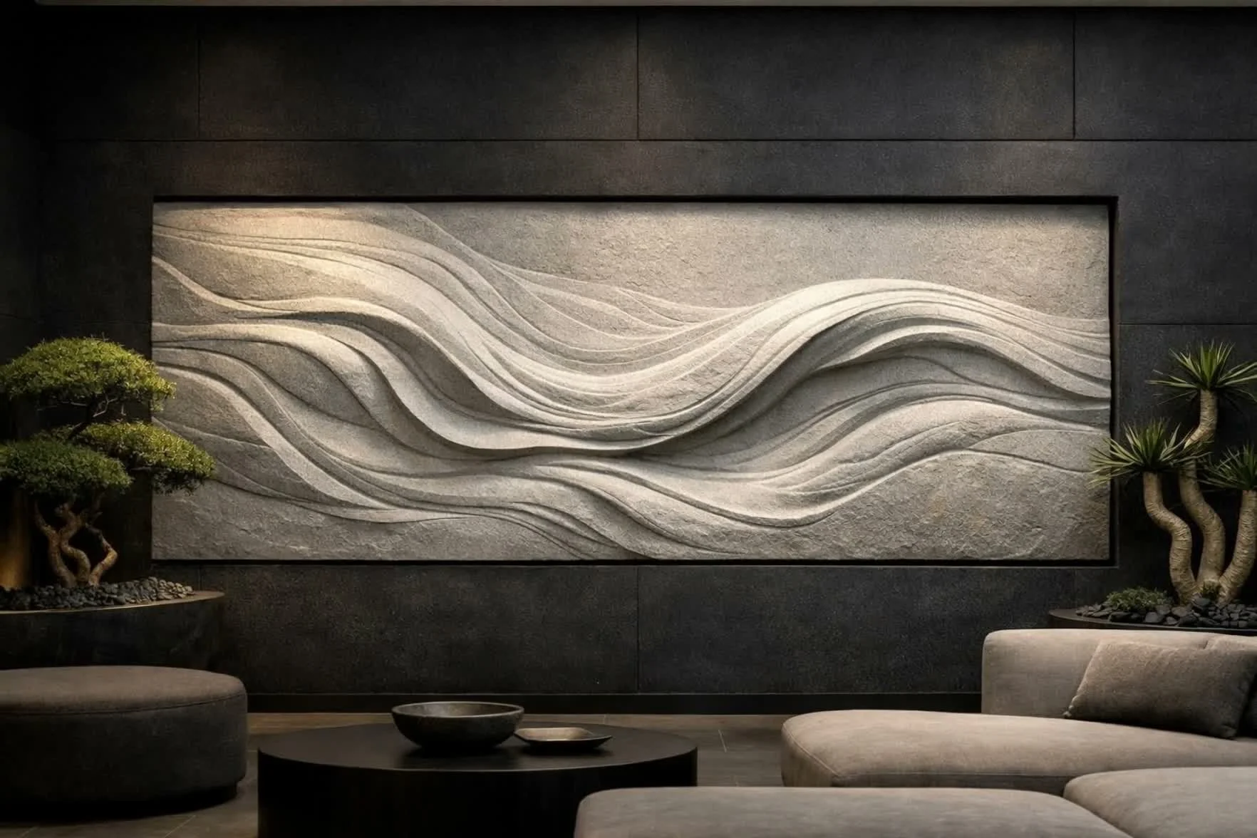Modern living room with black walls, a large abstract wall art with flowing wave designs in neutral tones, and beige furniture including a sectional sofa and ottoman. Decor includes small green bonsai trees and a black coffee table with bowls.