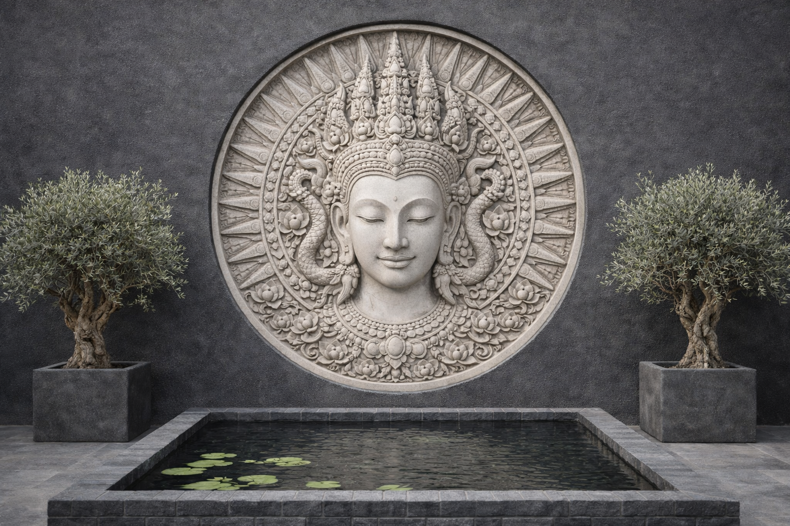 Circular wall sculpture, cambodian apsara head, various materials or sizes available. By Solaro Art Collection.