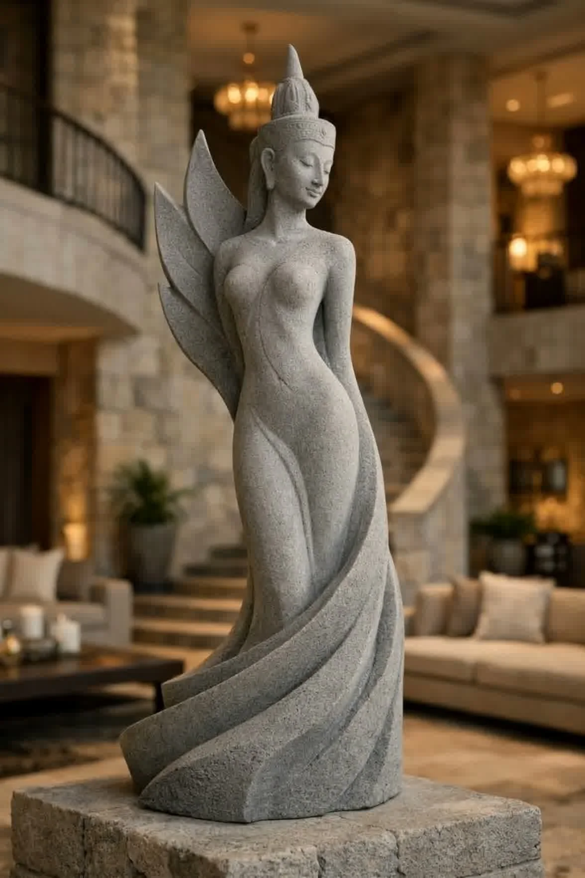 A Large detailed stone sculpture of a woman with fairy wings, standing indoors in a spacious, warmly lit room with stone walls and chandeliers. unique modern statue made to order only for you. Solaro Art Collection.
