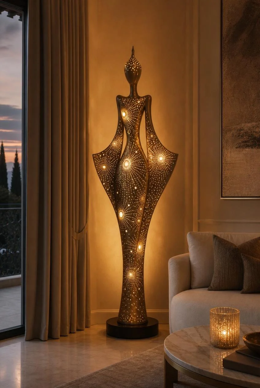 Bronze lamp sculpture of a perforated divine