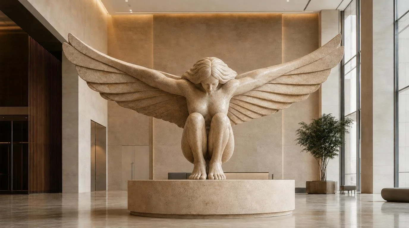 Monumental marble female winged guardian sculpture inside a luxury corporate building