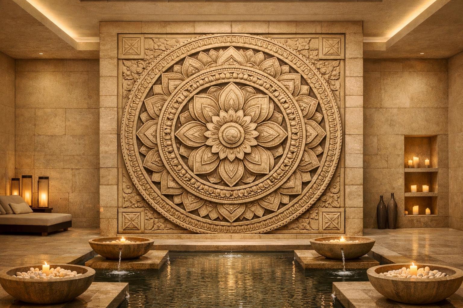 Monumental Lotus Mandala stone-carved wall sculpture for luxury wellness interiors. Unique piece by Solaro Art Collection