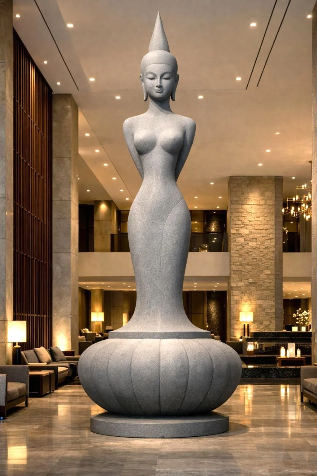 Gigantic six-meter-high statue designed for a lobby space. An abstract, modern Khmer female silhouette, combining powerful vertical presence with refined, contemporary lines.