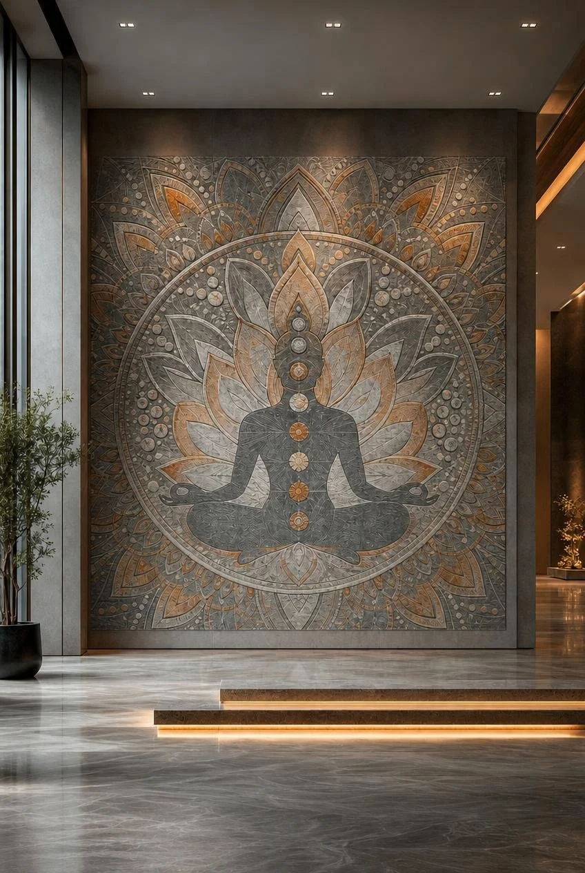 Architectural Wall relief sculpture inspired by balance and inner harmony inside a luxury wellness center