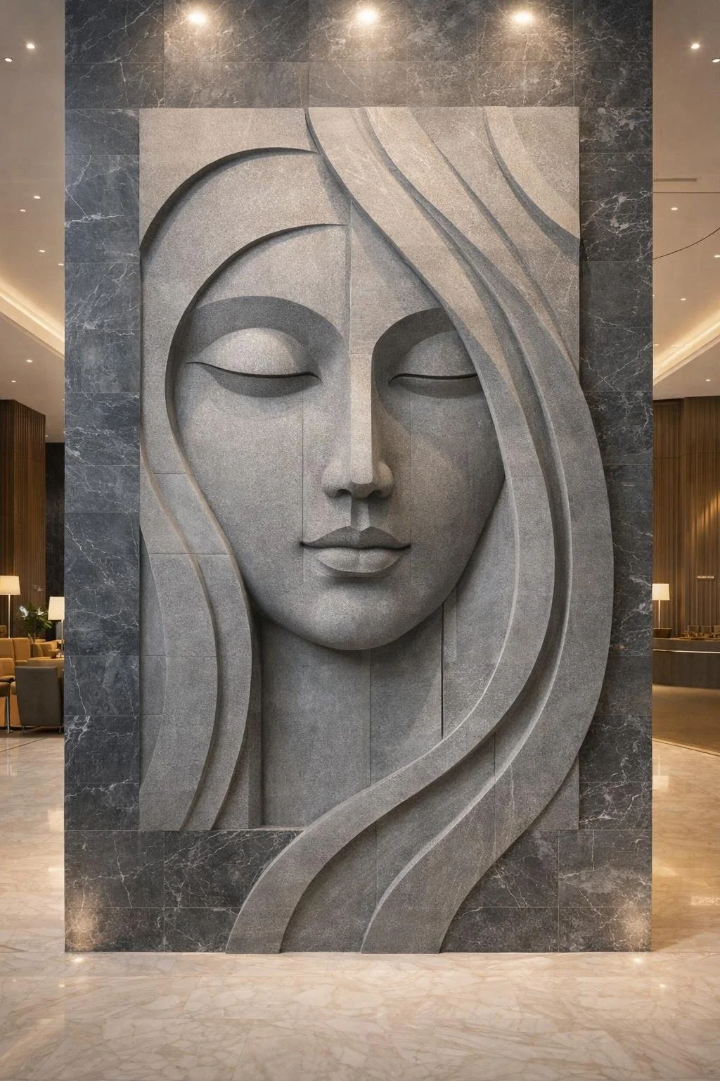 One-of-a-kind Monumental modern stone-carved wall sculpture for luxury hotels or public spaces. Solaro Art Collection
