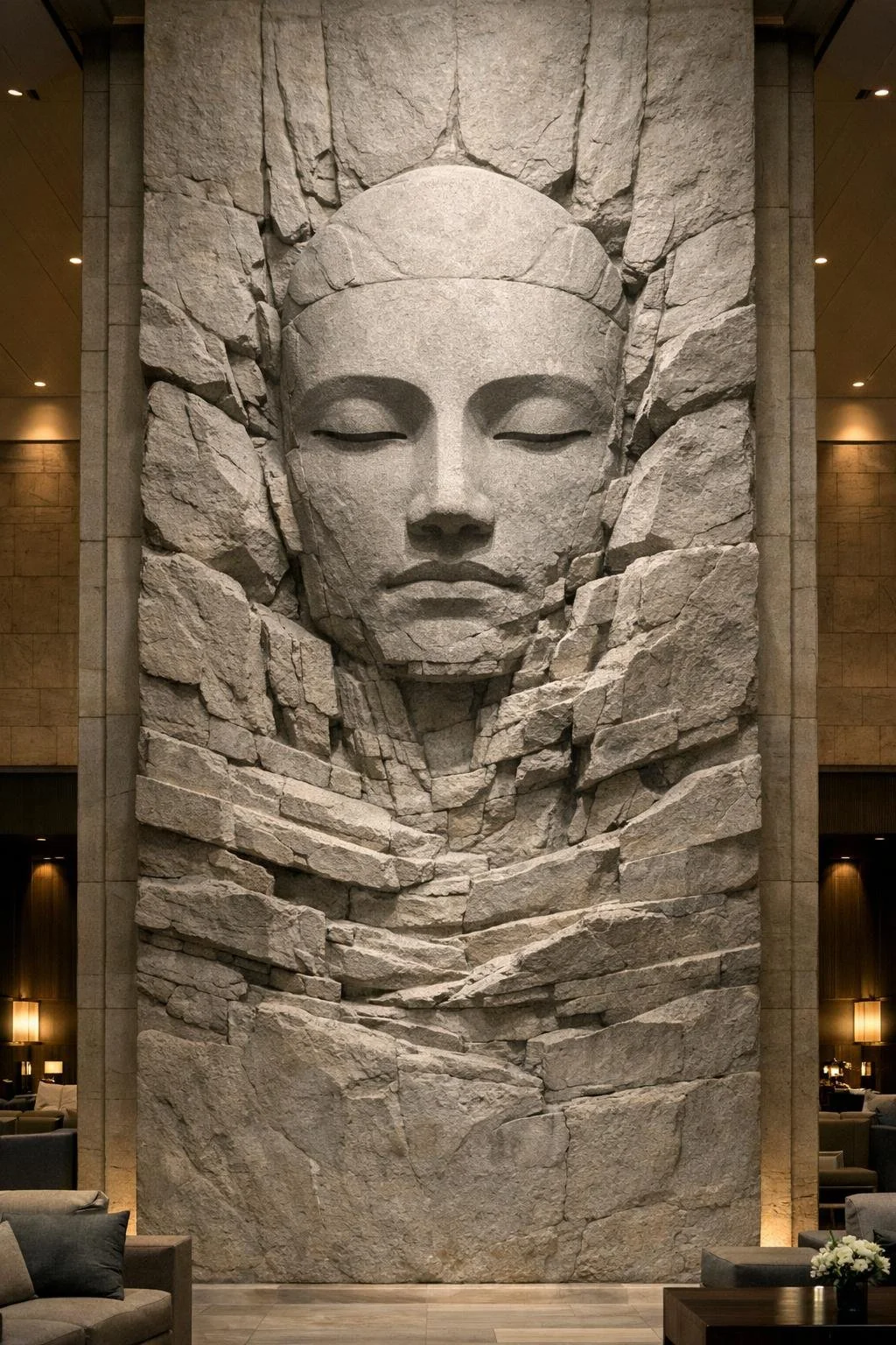 Large stone wall with a carving of a serene face, partially breaking through the rocks, in an modern lobby  indoor space .