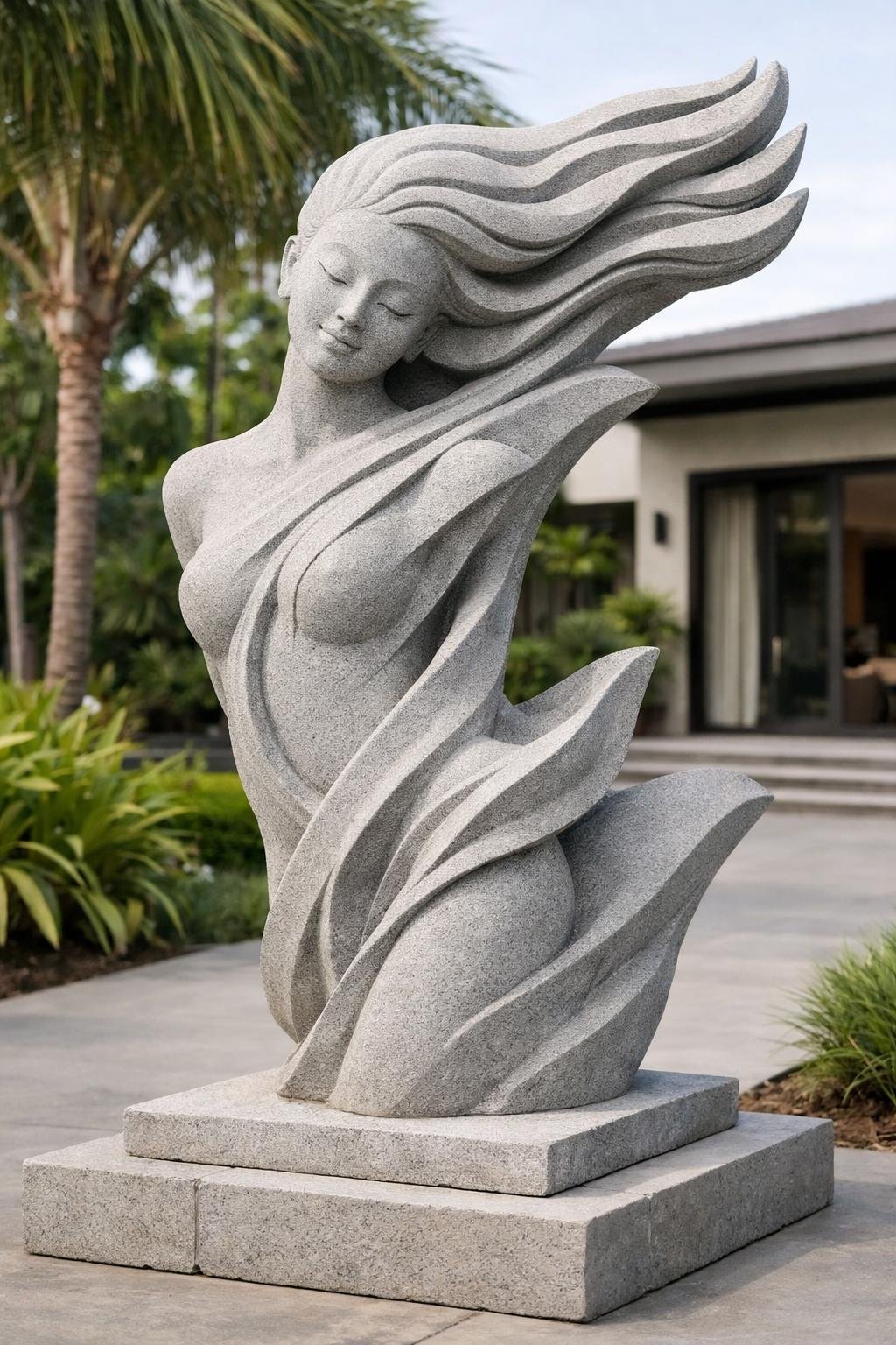 Modern garden statue , stone-carved, various sizes and materials available, unique piece. Solaro Art Collection.
