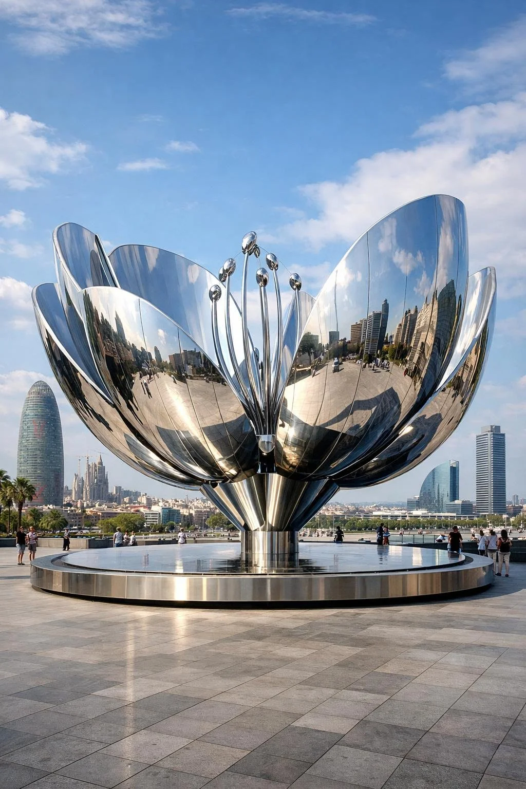 Custom Colossal metal flower sculpture for urban spaces. Solaro Art Collection