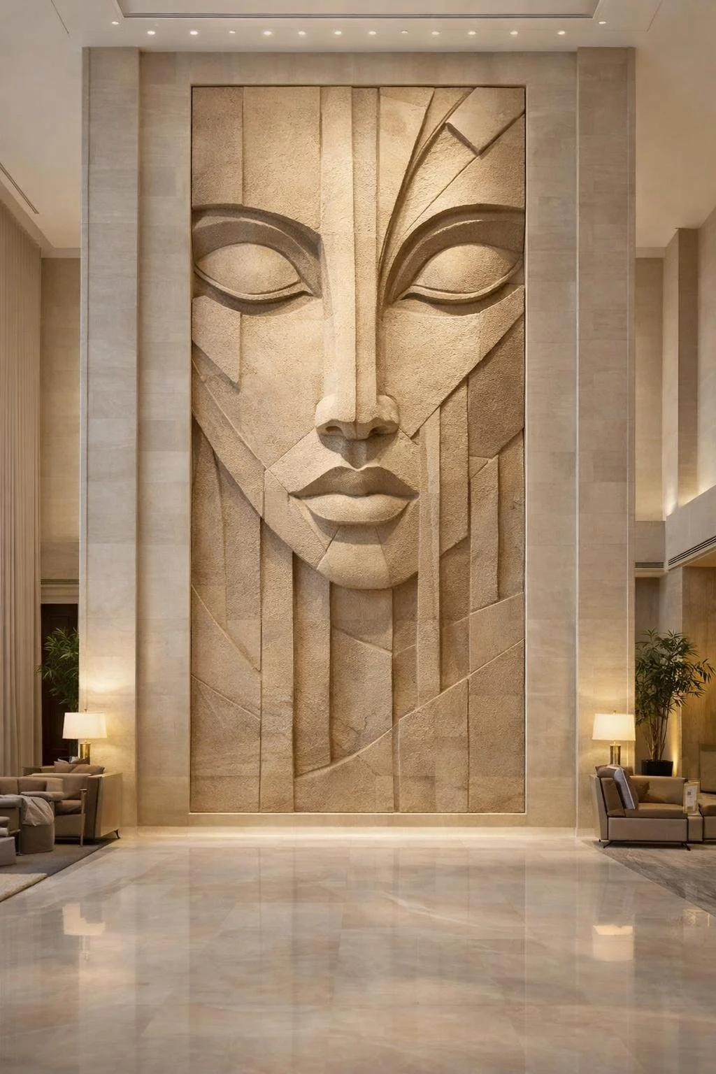 Digital sculptural concept design for sale. Colossal vertical figurative wall sculpture in yellow sandstone. Perfect for luxury public interiors. Solaro Art Collection