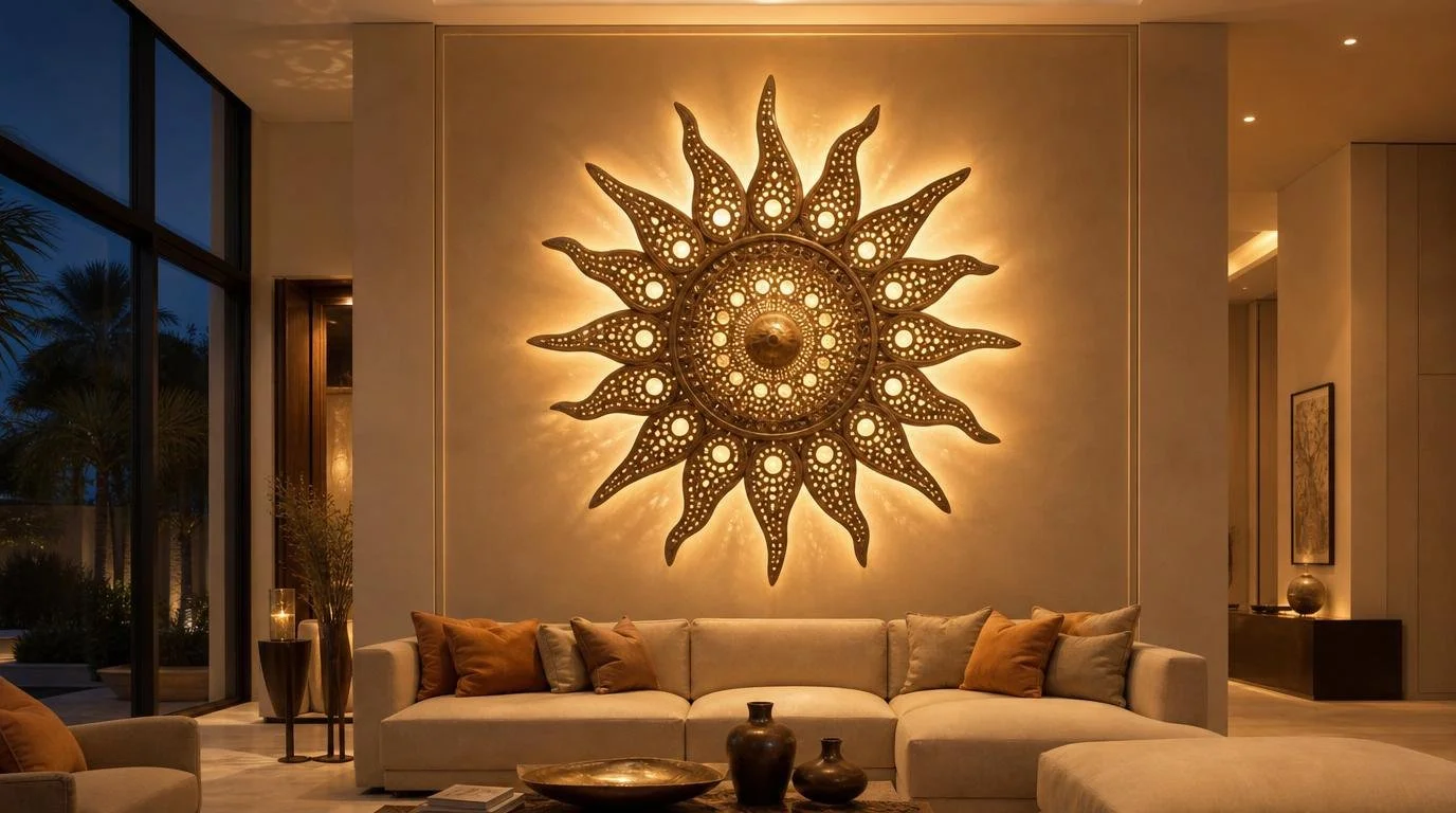 bronze wall lamp sculpture with abstract sun design
