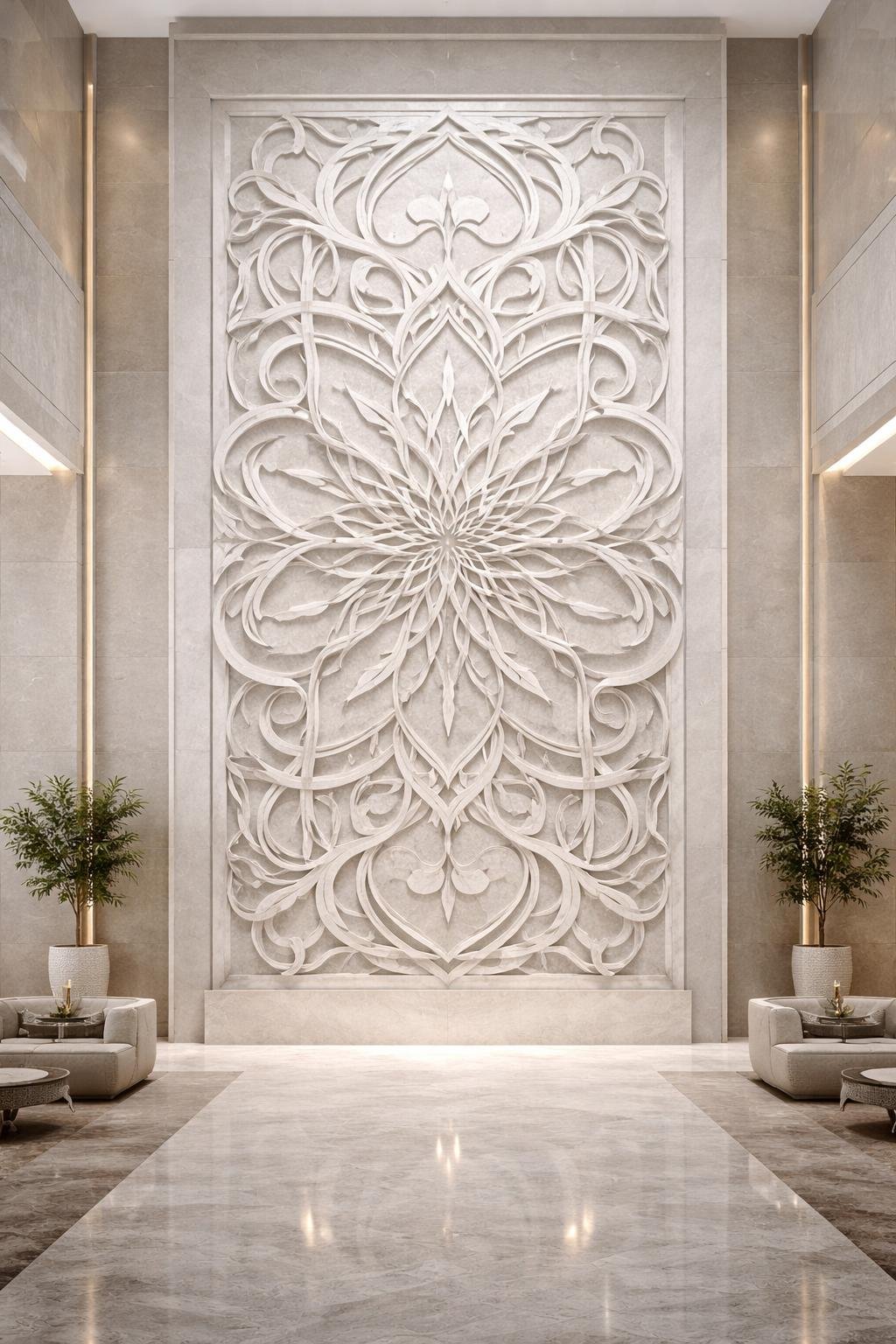 Monumental Organic & Arabesque Wall relief in white marble for luxury interiors across the Gulf Region. Solaro Art Collection