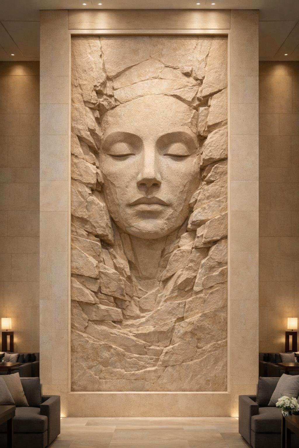 Grand-scale abstract face wall relief for luxury interiors-natural sandstone, unique piece made to order. Solaro Art collection