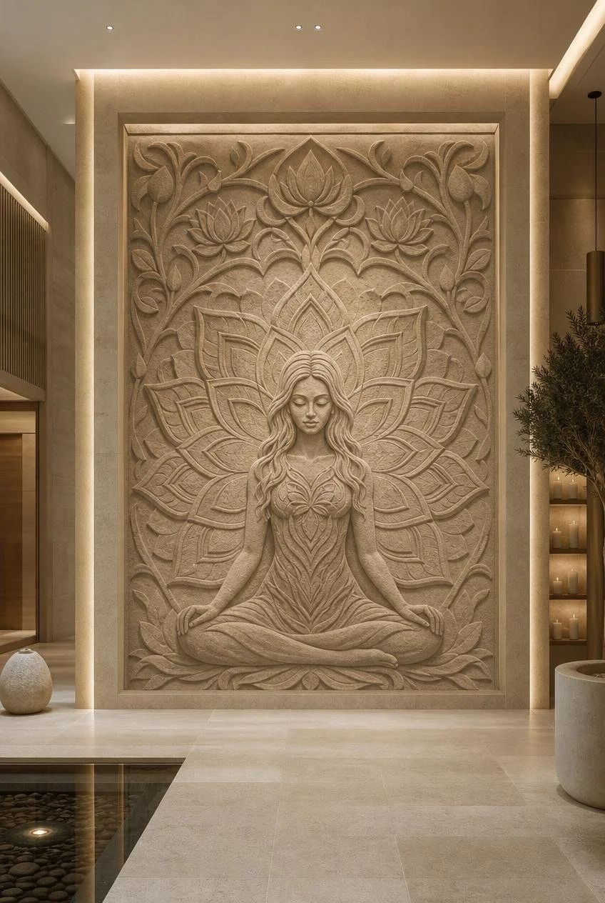 Meditating woman wall stone relief for wellness center or spas