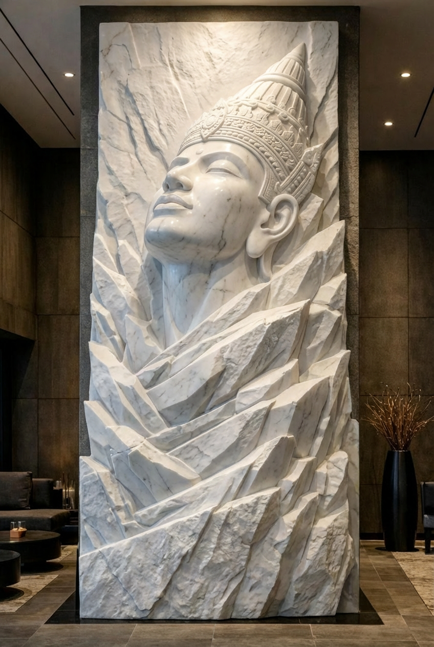 Custom digital sculptural concept of a monumental walll sculpure in white marble. Solaro Art Collection