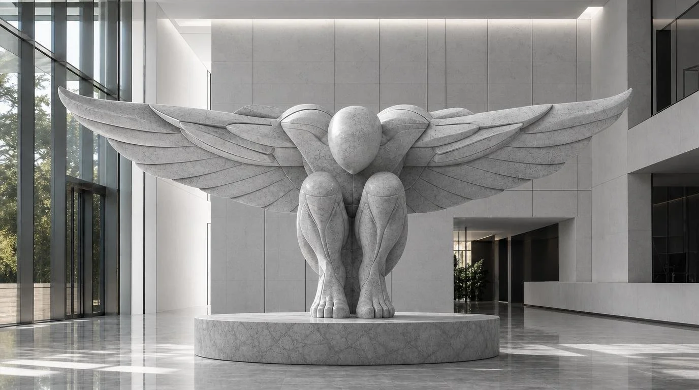 Large marble sculpture representing a colossal winged guardian placed in a corporate lobby