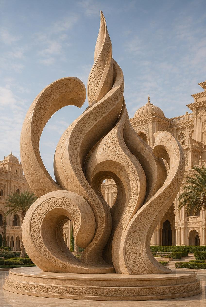 Monumental Sandstone Sculpture with Arabesque Design for Luxury Gardens. Solaro Art Collection