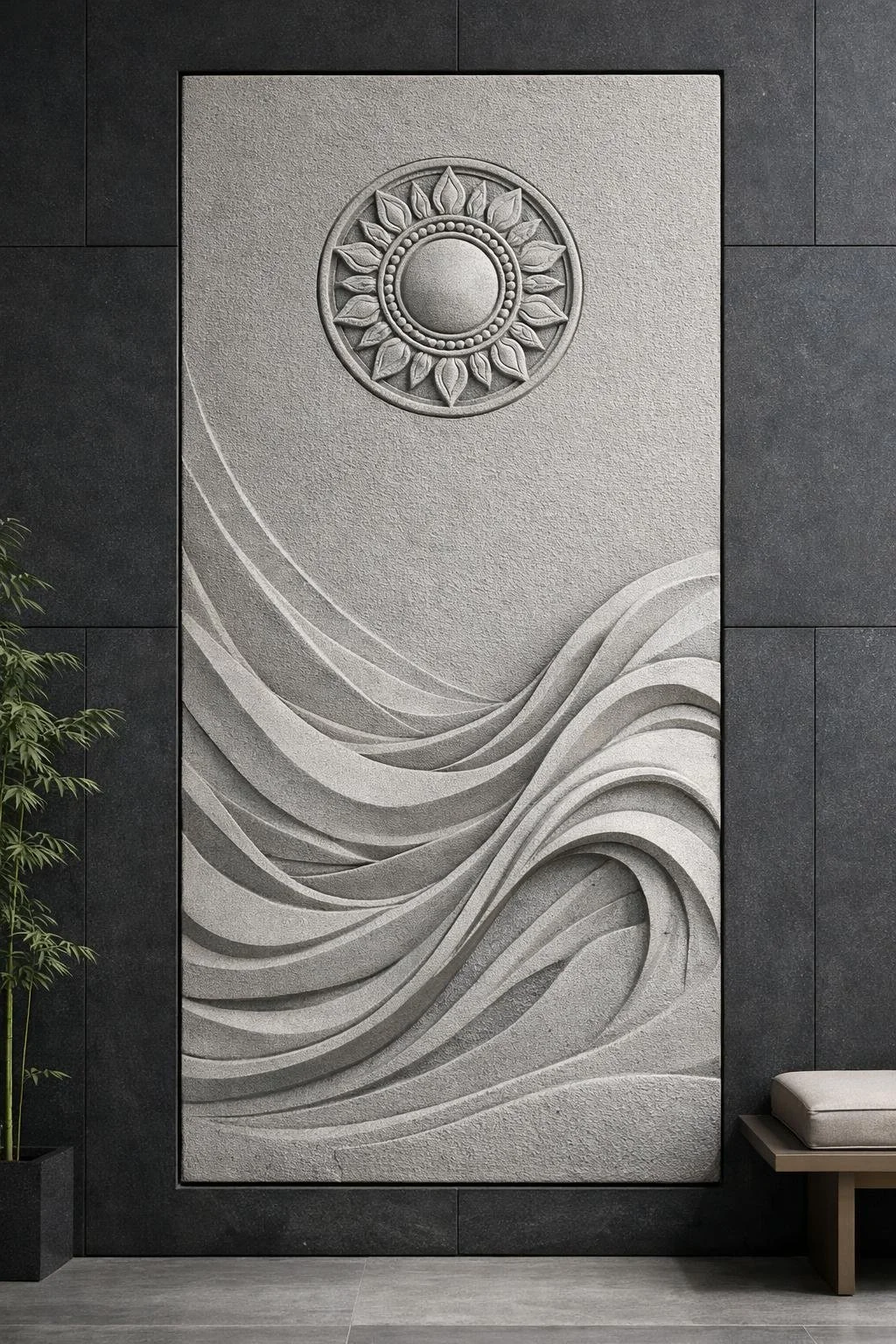 Modern and zen stone wall sculpture ideal for luxury spa or other architectural integration. Solaro Art Collection.