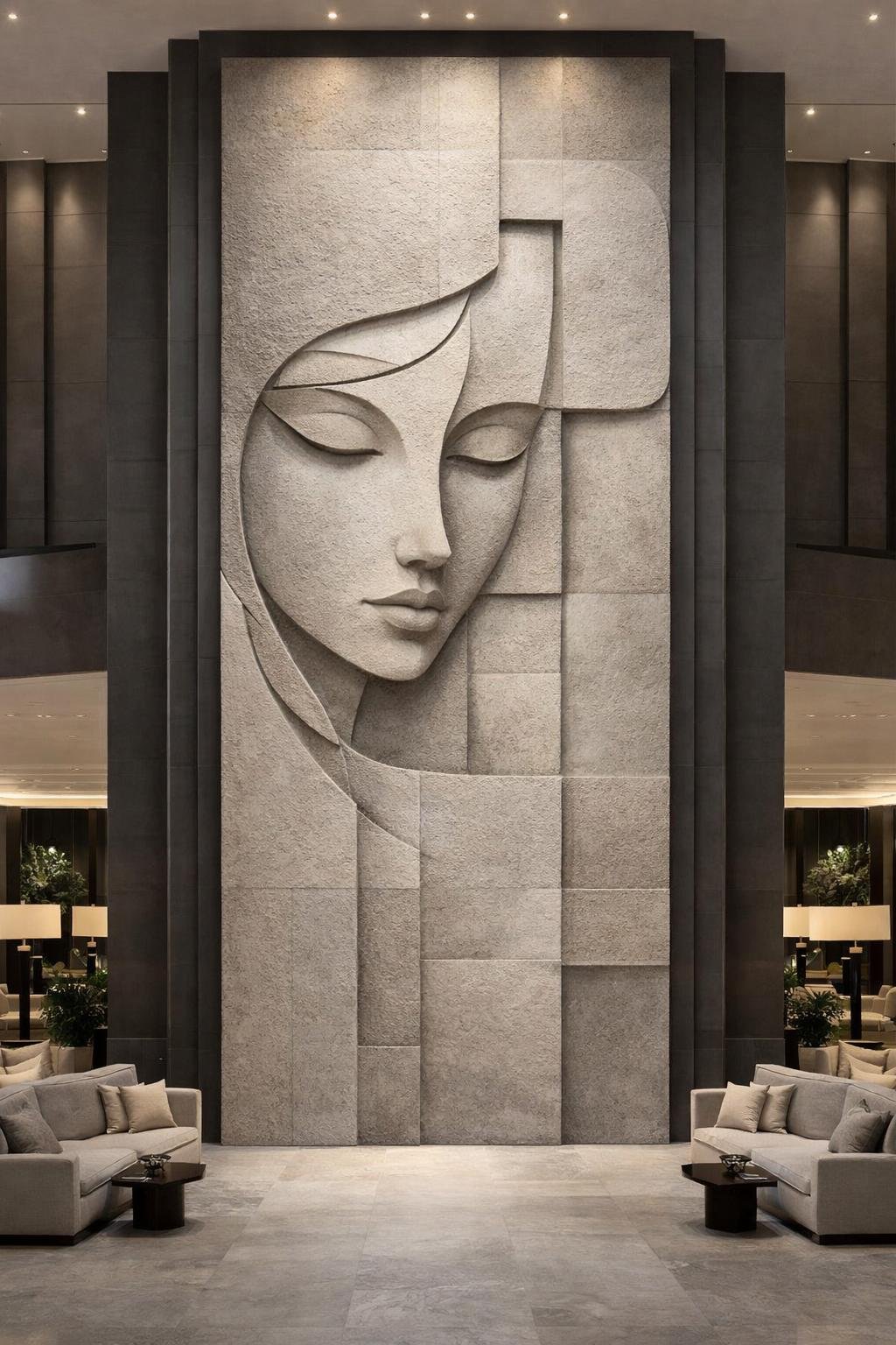 Colossal vertical wall sculpture in grey sandstone, abstract cubic geometric face. Custom exclusive piece. Solaro Art Collection