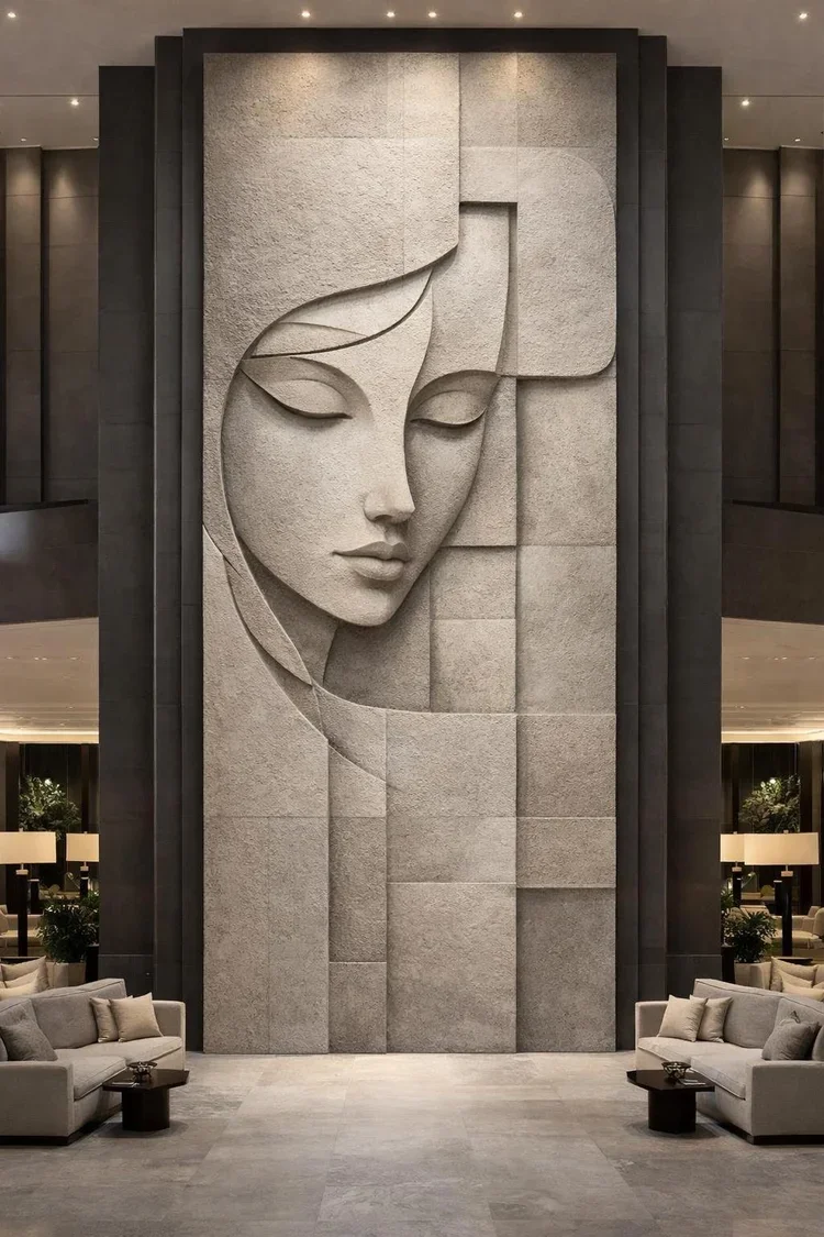 Large-scale modern vertival figurative stone carved bas relief. Solaro Art Collection