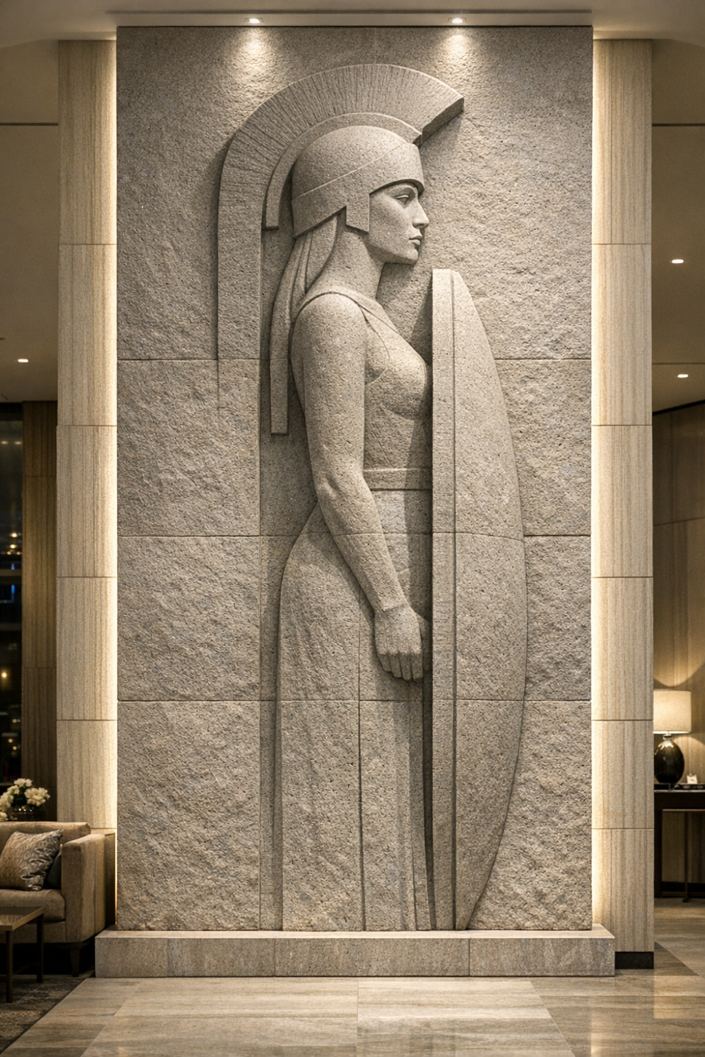 Spartan Guardian, contemporary monumental wall sculpture for luxury architectural integration. Also exclusive digital concept of the artwork for sale.