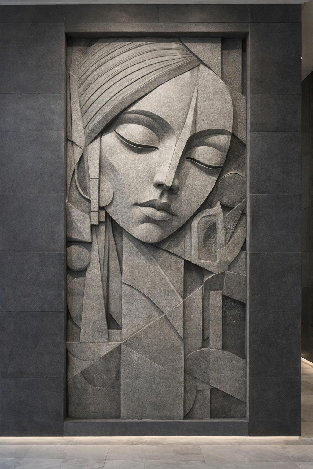 Large Modern Figurative wall relief sculpture in authentic grey sandstone. Exclusive piece. Solaro Art Collection