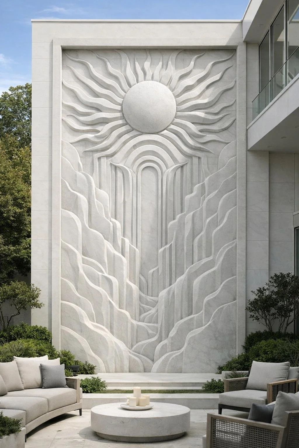 Monumental white marble contemporary organic geometric outdoor wall relief. One-of-a-kind-wall-sculpture.Solaro Art Collection