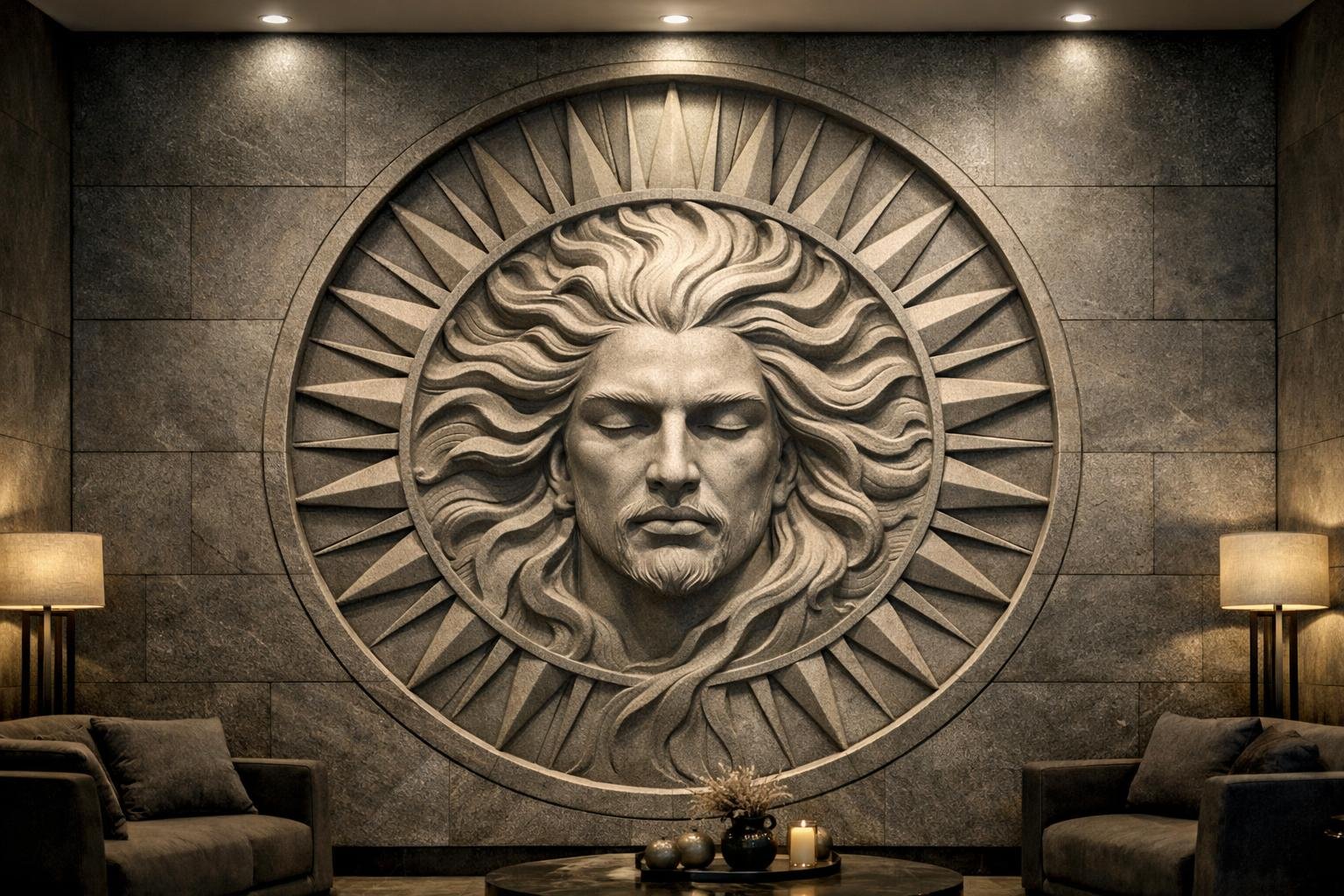 Custom Large-scale circular wall sculpture, approximately 3 meters in diameter, featuring a serene divine face emerging from stone and surrounded by radiant sun-like forms. Designed as a powerful architectural centerpiece. By Solaro Art Collection.