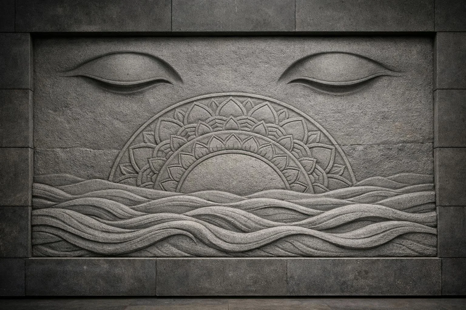 Custom large scale horizontal Asian contemporary abstract wall art sculpture, mandala and flowing waves, ideal for lobby or other architectural incorporation. By Solaro Art Collection.