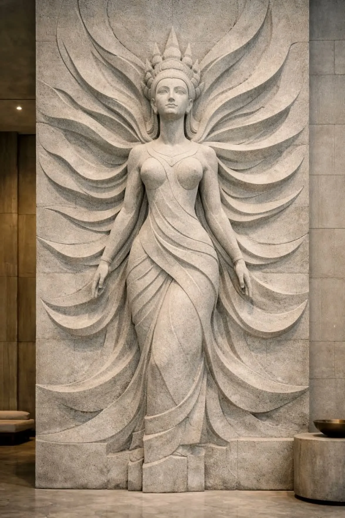 A large stone sculpture of a woman with flowing hair and a long dress, carved into a wall.